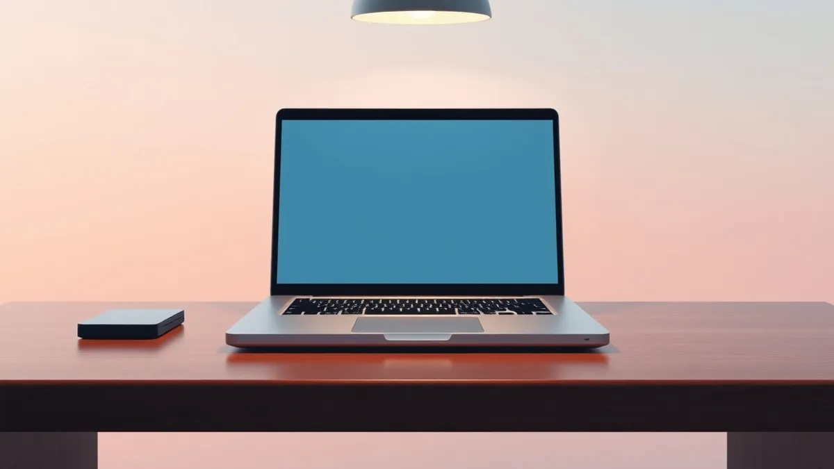 Illustration: A sleek silver laptop sits closed on a polished wooden desk, its smooth surface reflecting the soft glow of an overhead lamp.