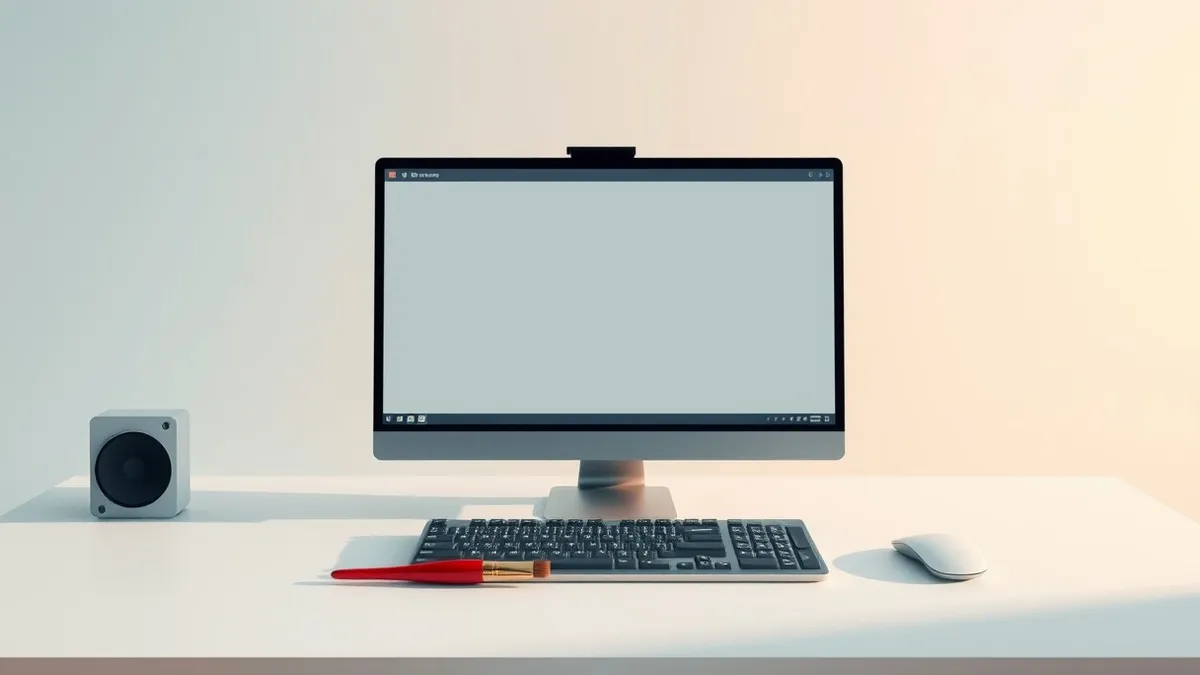 Illustration: A sleek desktop computer sits on a minimalist white desk, its monitor displaying three blank, gray application windows arranged in a row.