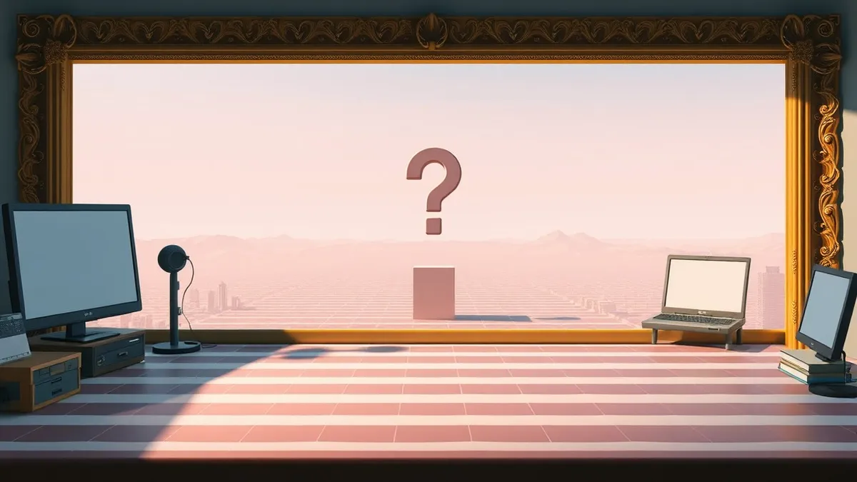 Illustration: A retro pixelated minefield sits on a desk, framed by an ornate golden border with dramatic stage lighting.