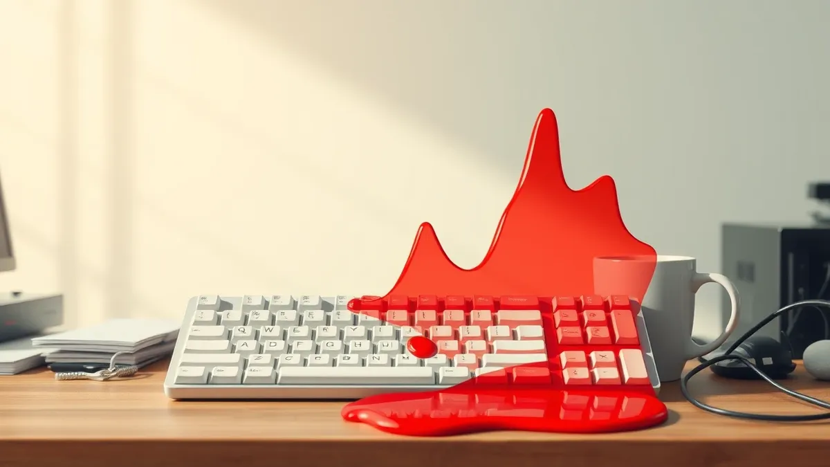 Illustration: A white office keyboard sits on a messy desk next to a steaming coffee mug.