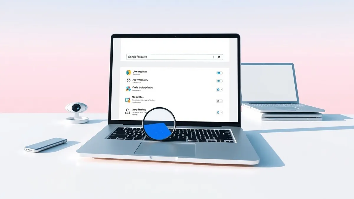 Illustration: A sleek silver laptop sits open on a clean white desk, displaying a software interface with a highlighted search bar and a list of abstract feature icons.