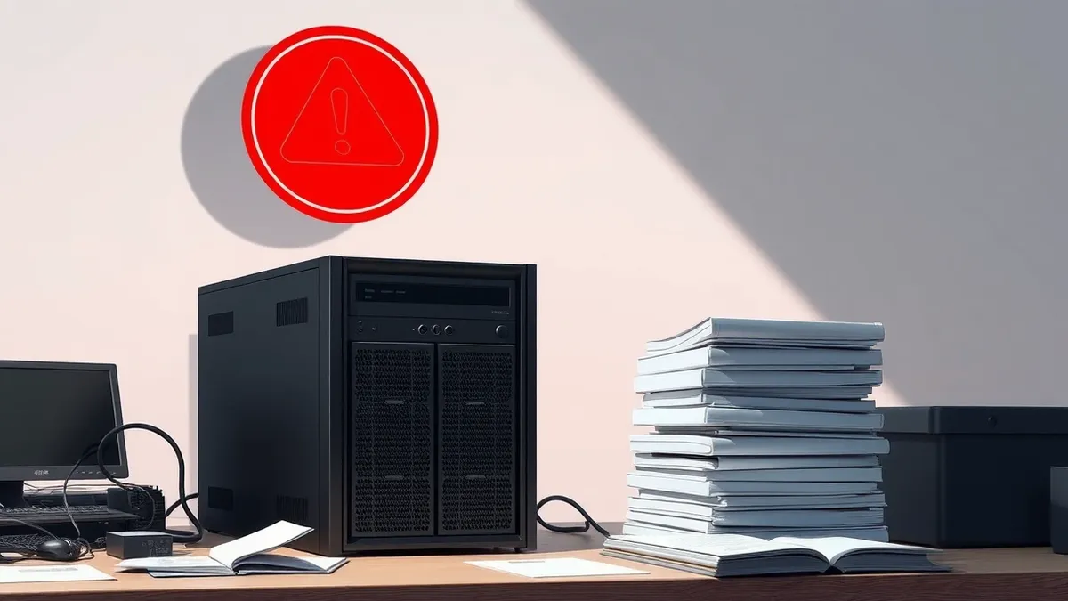 Illustration: A sleek black web server sits on a cluttered desk next to a stack of blank configuration manuals.