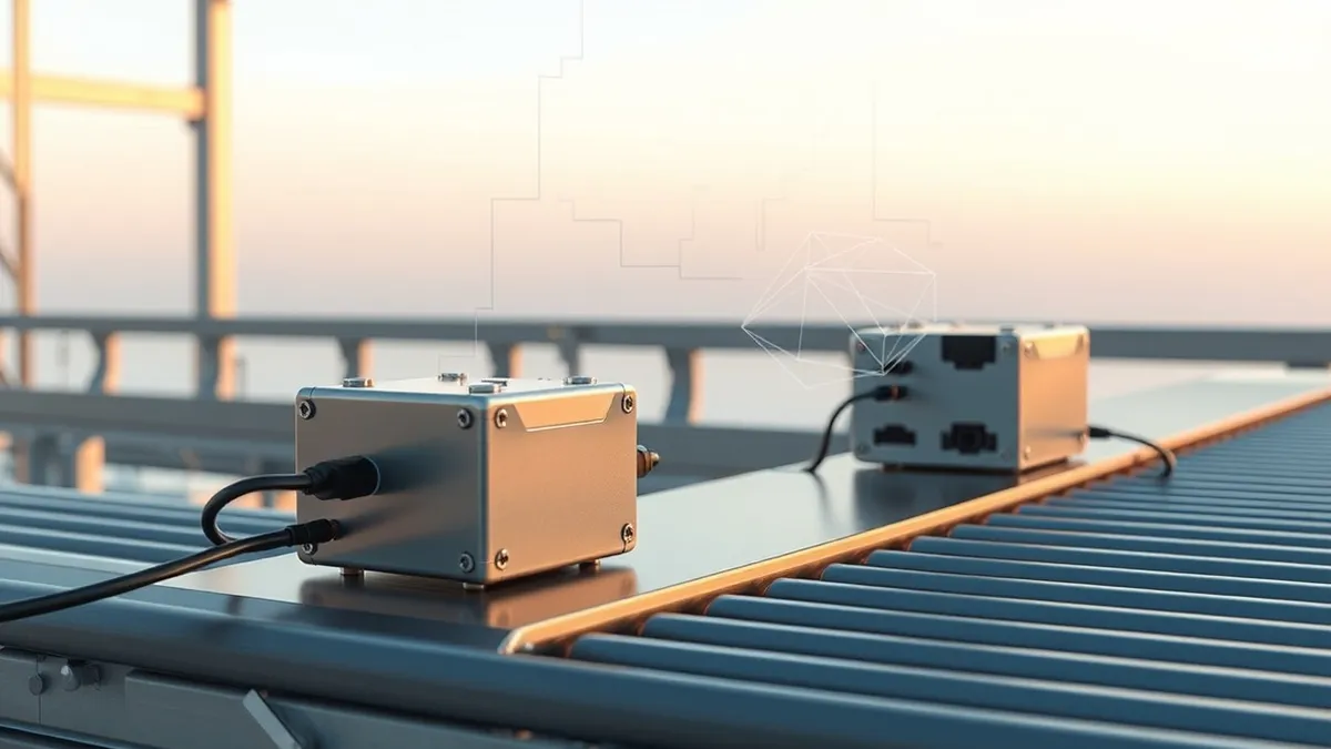Illustration: A small metallic sensor box sits on a factory conveyor belt, directly connected to a compact processing unit.