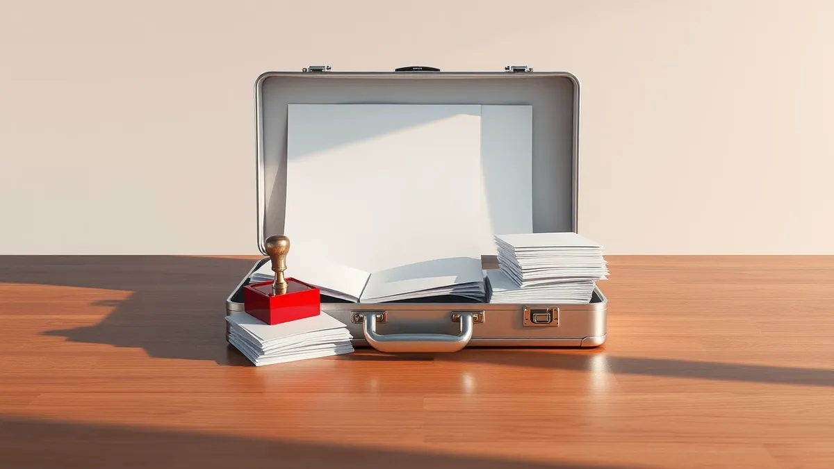 Illustration: A sleek silver briefcase sits open on a polished wooden table, spilling thick stacks of blank white documents.