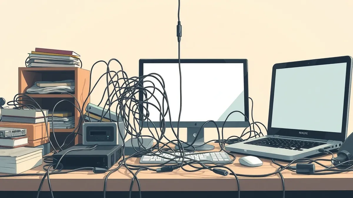 Illustration: A tangled mass of disconnected cables emerges from a cluttered home office desk, weaving between an unused tablet and a forgotten external hard drive.
