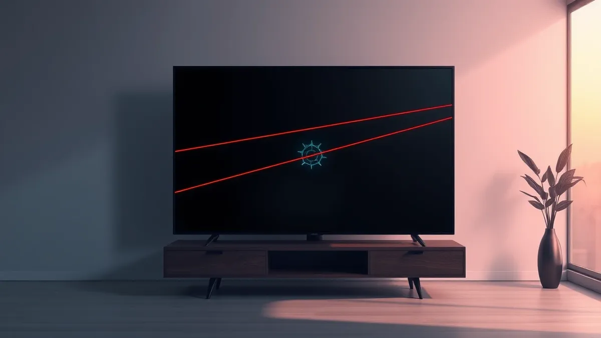 Illustration: A sleek black flat-screen television sits on a wooden stand in a dimly lit living room.