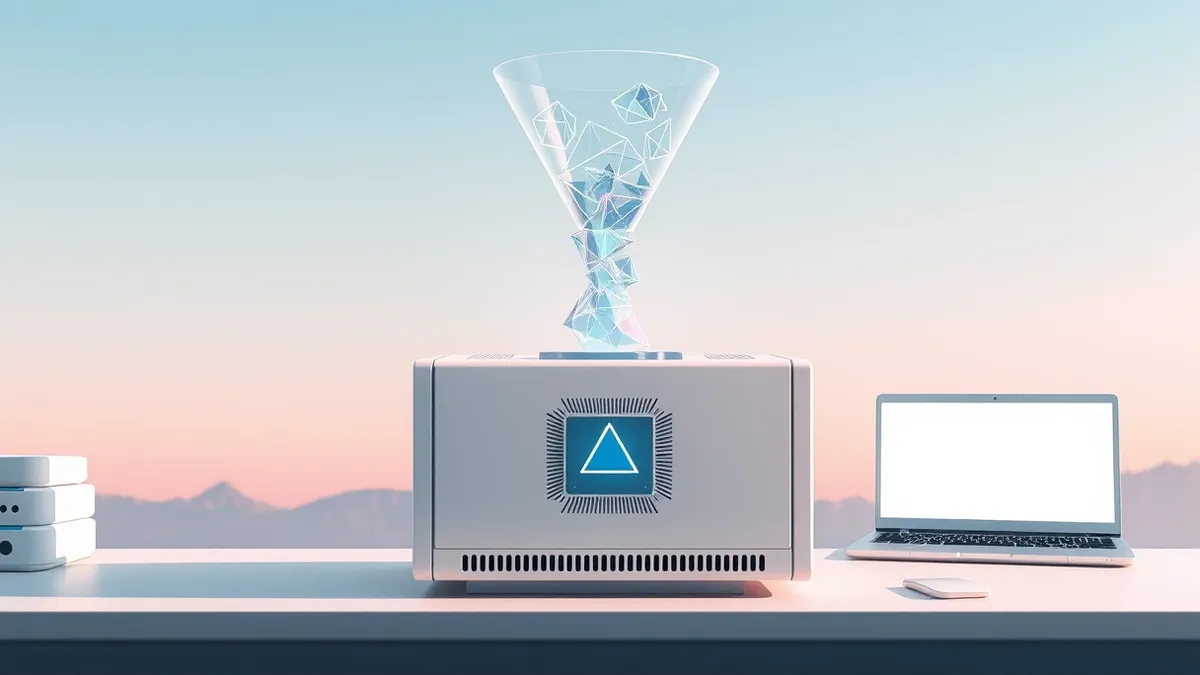 Illustration: A sleek white server module sits on a clean desk, featuring a distinct triangular processor chip embedded in its circuit board.