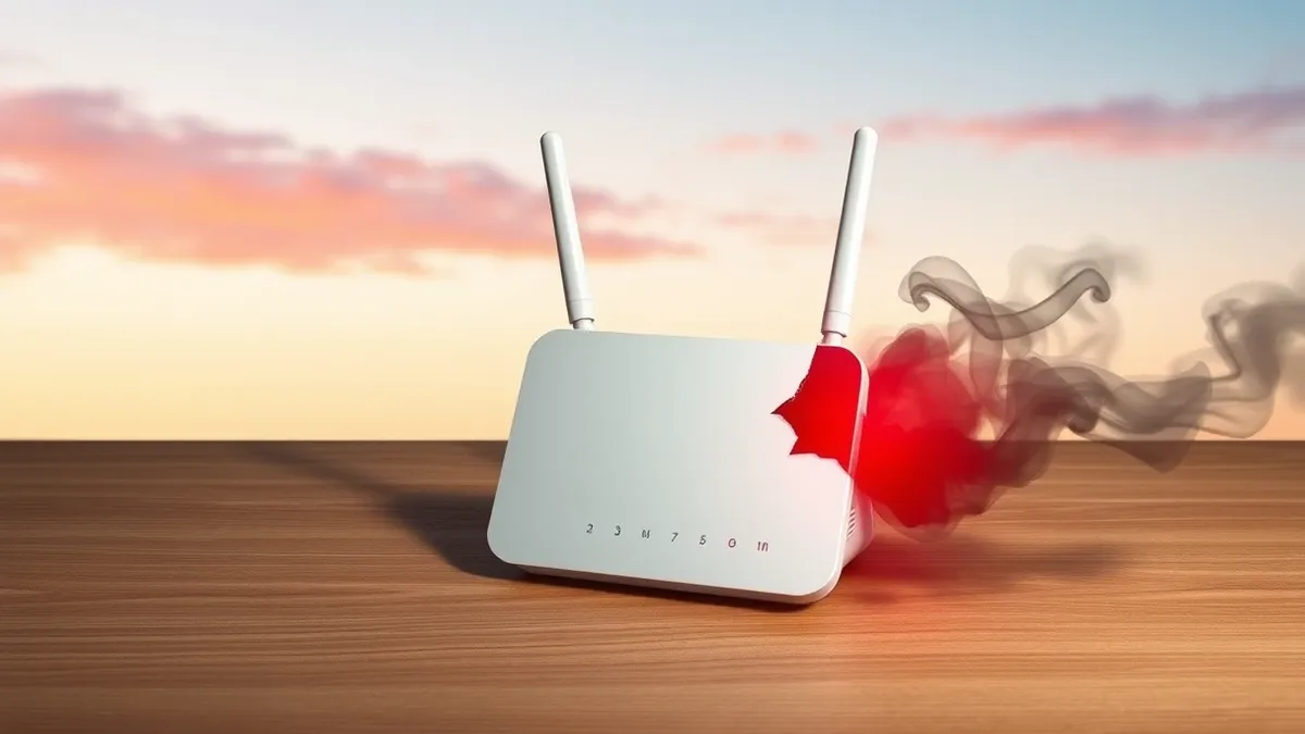 Illustration: A small white wireless router sits on a wooden surface, its antenna angled upward.