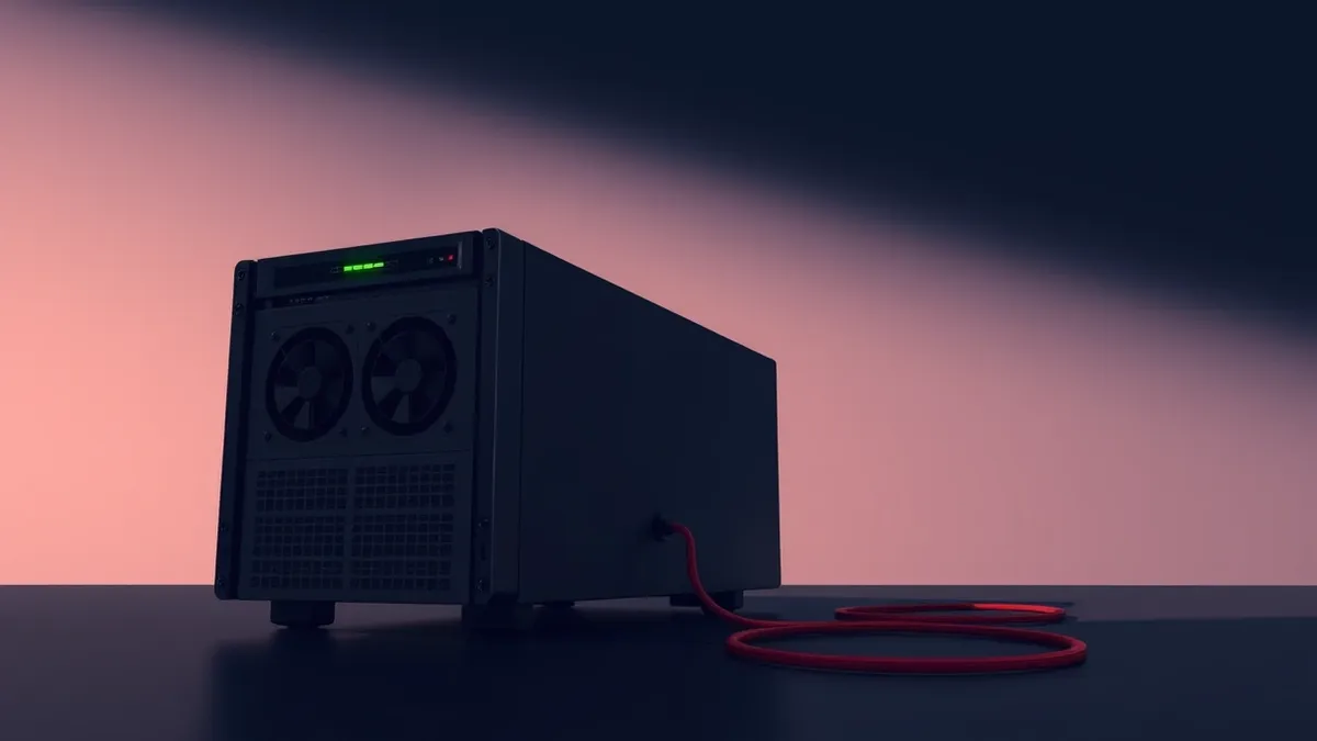 Illustration: A sleek server unit sits isolated in a dark room, its cooling fans spinning silently.