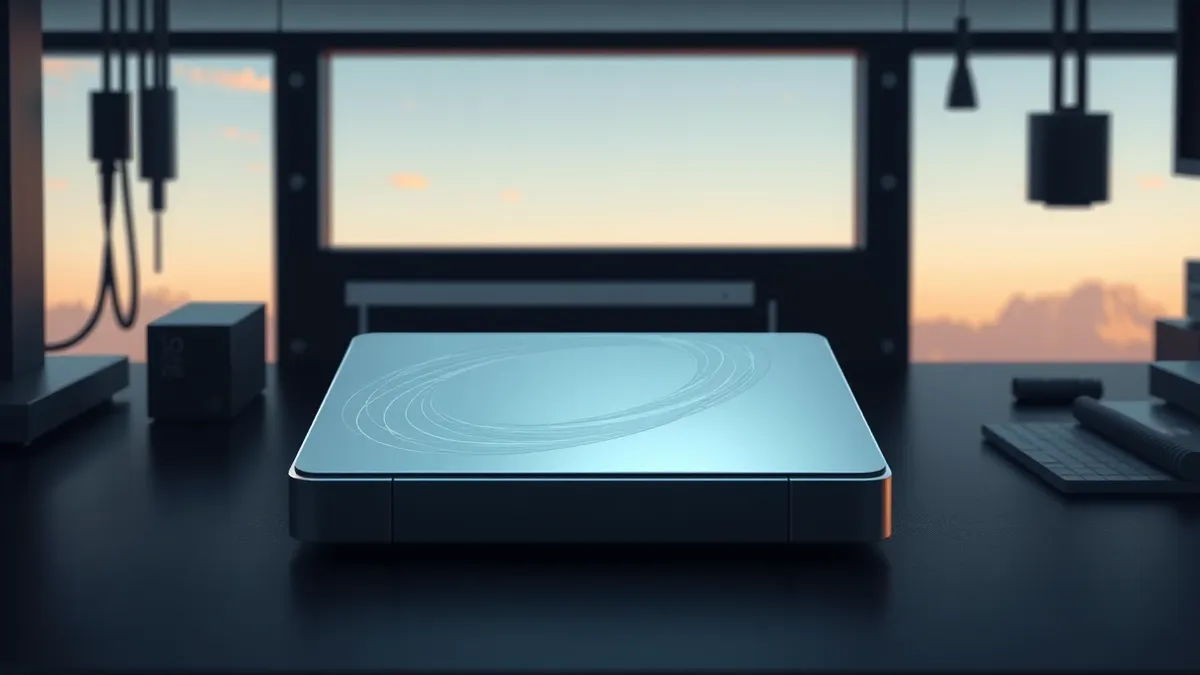 Illustration: A sleek silver storage drive rests on a dark workbench, its metallic surface reflecting soft ambient light.