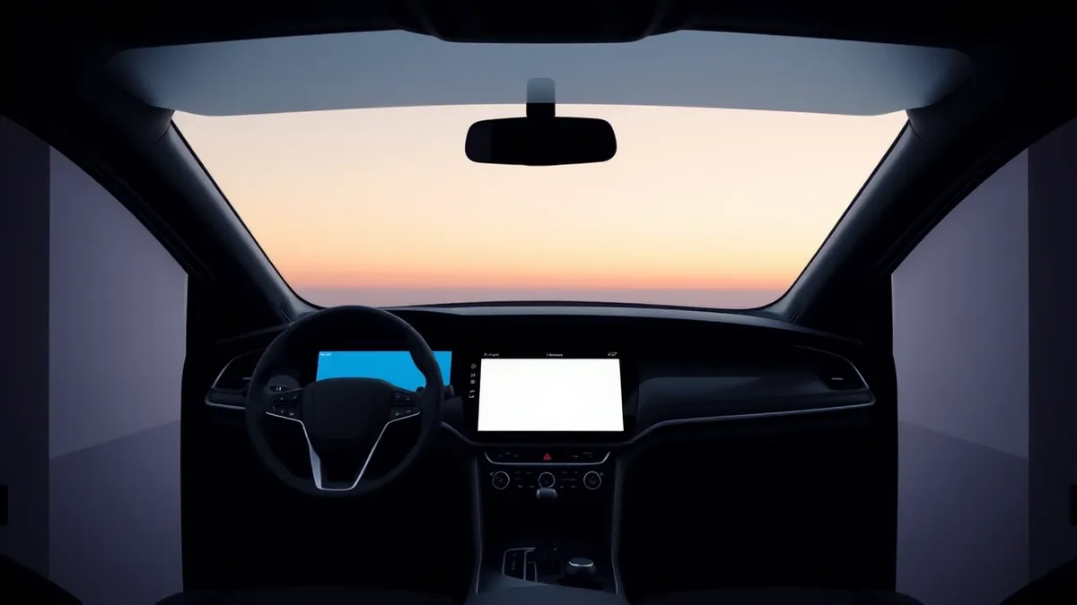 Illustration: A modern car dashboard sits in a dim garage, its central touchscreen displaying two distinct, blank white cards side by side.