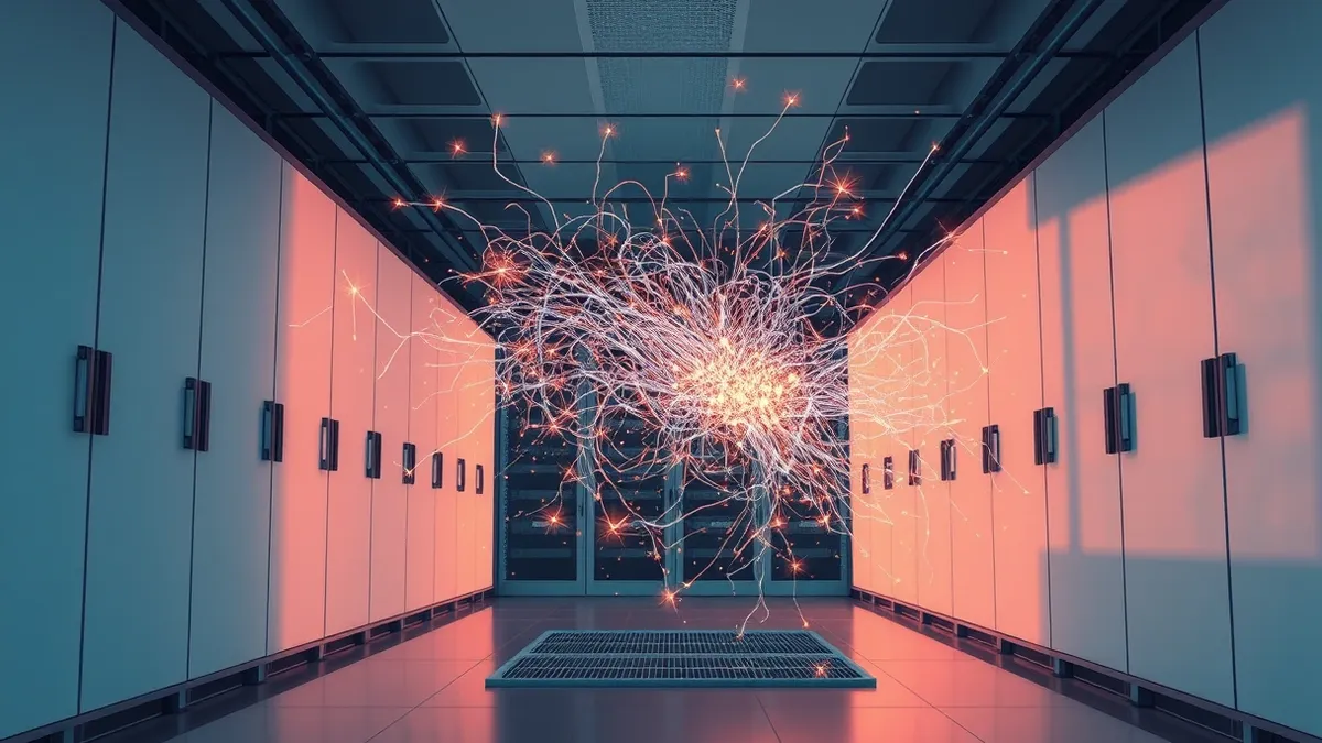 Illustration: A tangled mass of glowing digital threads snaps apart inside a sleek, modern server room.