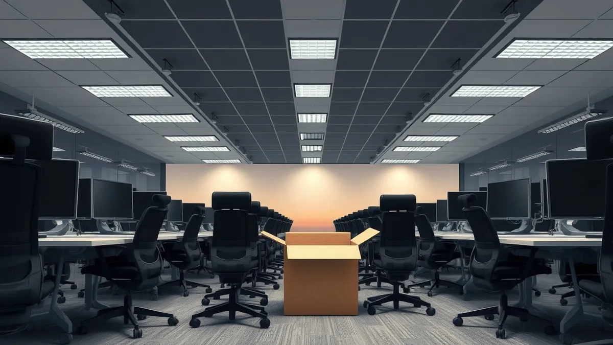 Illustration: Rows of empty black office chairs sit facing blank desks under harsh overhead lights.