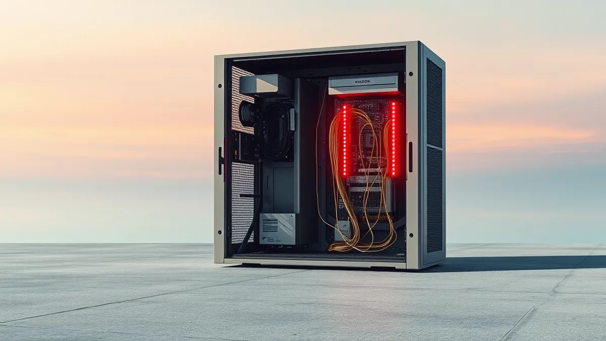 Illustration: A sleek grey server tower sits on a concrete floor with its front panel removed to reveal internal circuit boards.