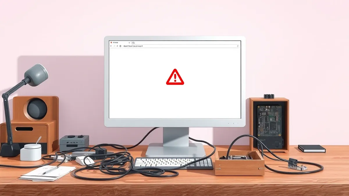 Illustration: A generic white computer monitor sits on a messy wooden desk, displaying a single blank web browser window with a red warning icon in the center.