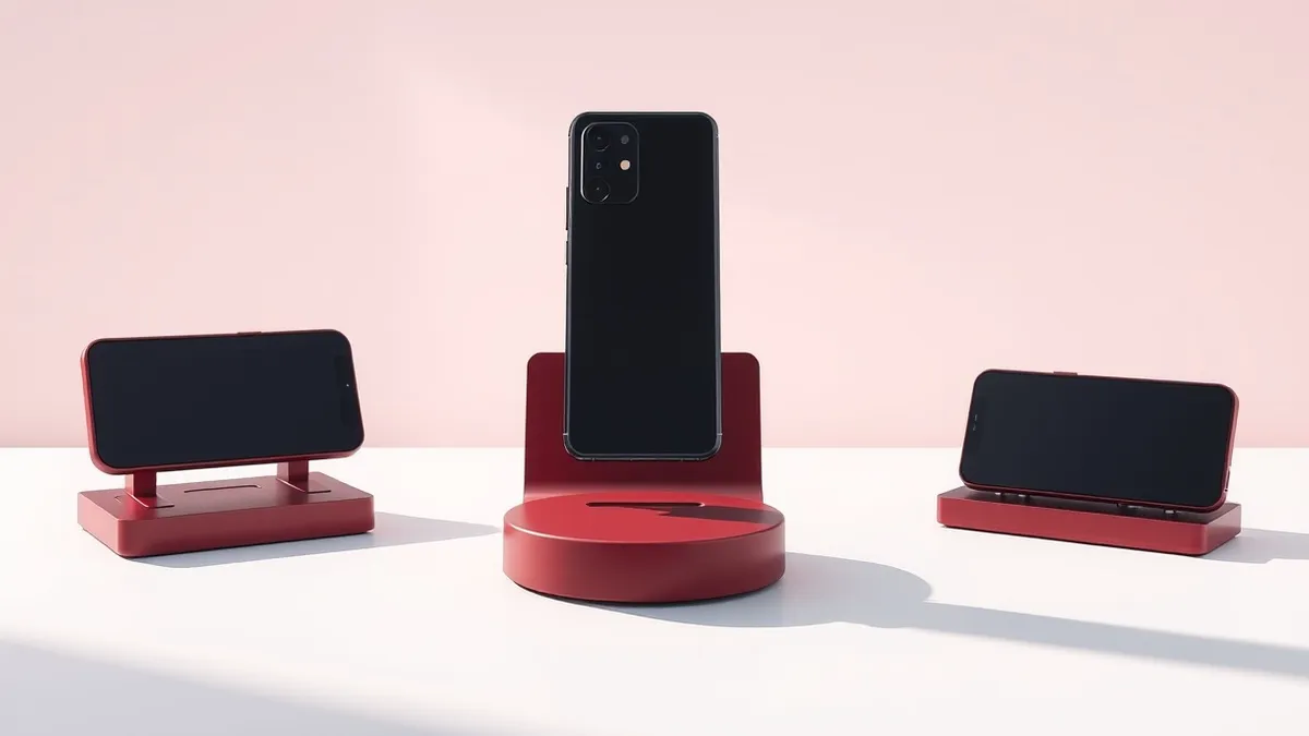Illustration: A sleek burgundy charging stand sits on a clean white surface, cradling a dark smartphone with a prominent camera array.
