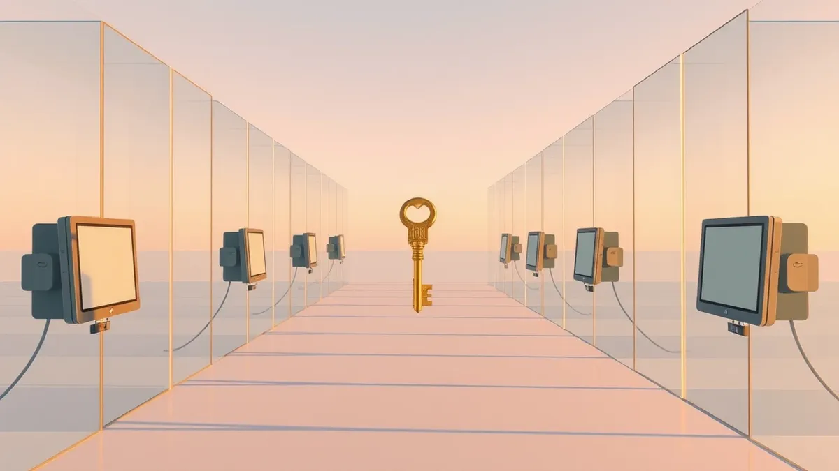 Illustration: A single golden key floats in a fragmented glass corridor, passing through separate isolated chambers.