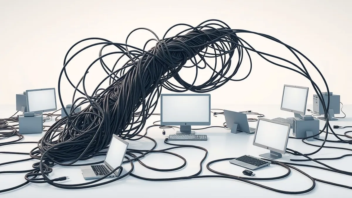 Illustration: A chaotic tangle of thick black cables snakes across a white office floor, wrapping tightly around scattered laptop computers and desktop monitors.