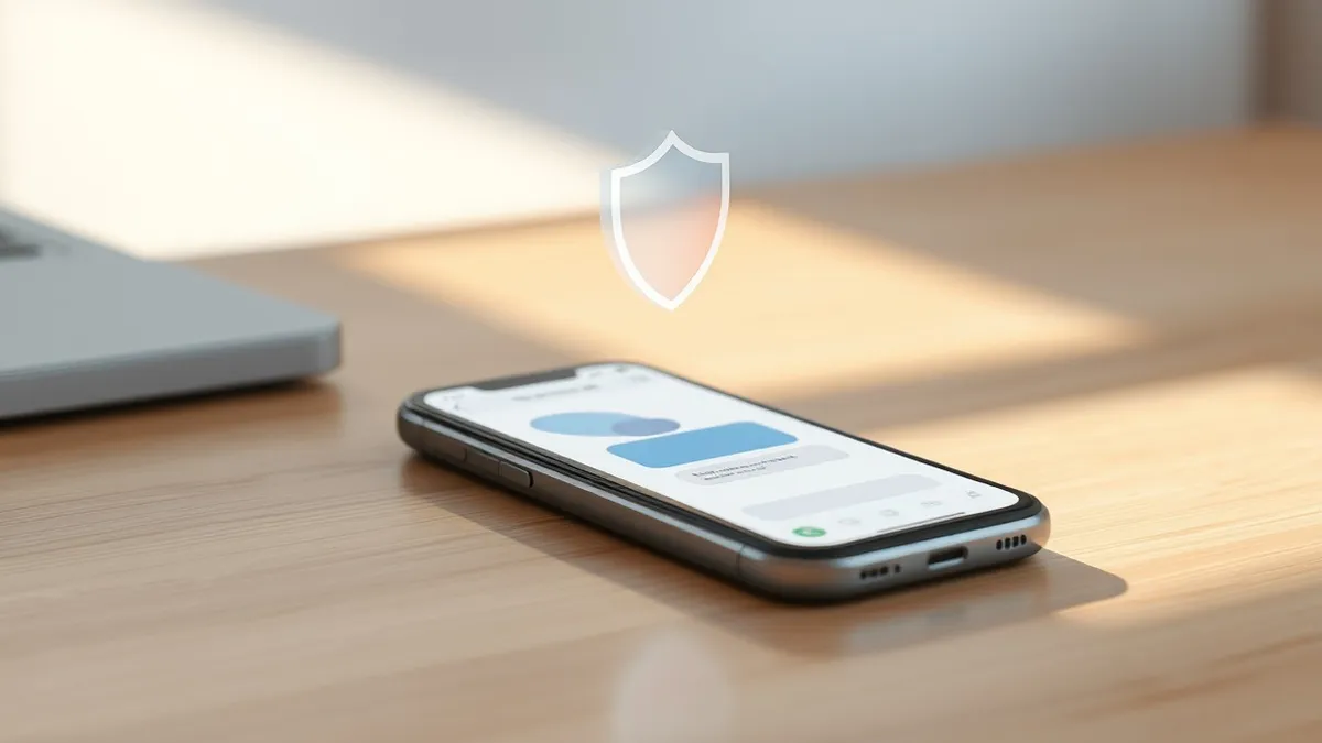Illustration: A sleek smartphone rests on a clean wooden desk, its screen displaying a minimalist chat interface with abstract blue and gray shapes.