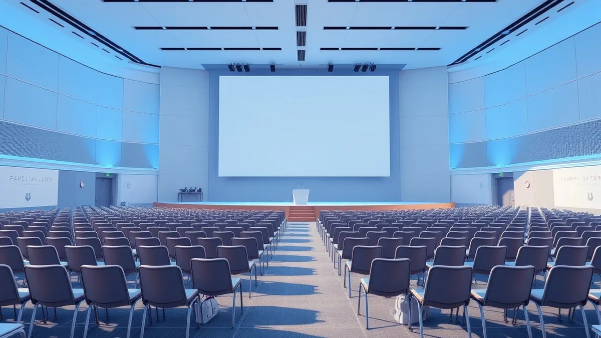 Illustration: A wide shot of a modern convention hall interior with rows of empty chairs facing a stage.