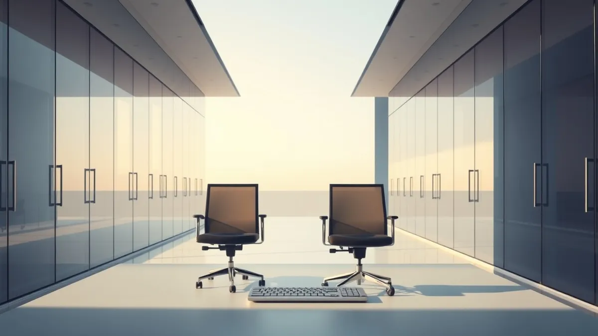 Illustration: Three empty office chairs sit in a row before a blank desk.