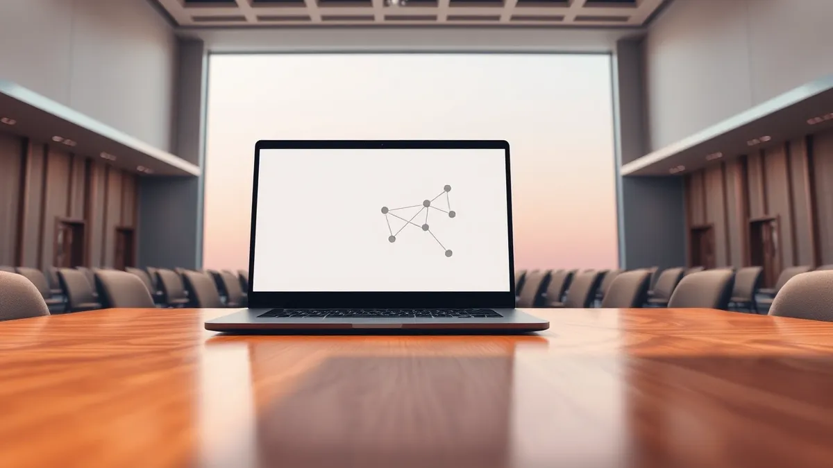 Illustration: A sleek black laptop sits on a polished wooden table in a bright conference hall, its screen displaying a clean interface with abstract geometric nodes connected by f