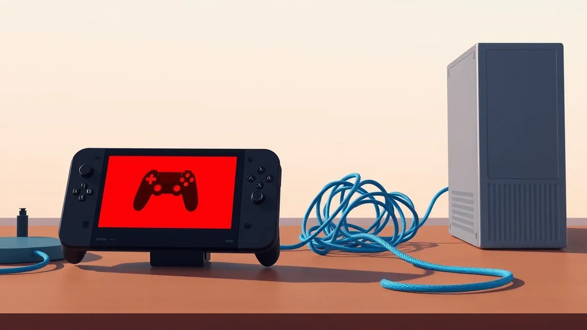 Illustration: A sleek black gaming console sits on a desk, its screen displaying a bold red controller icon.