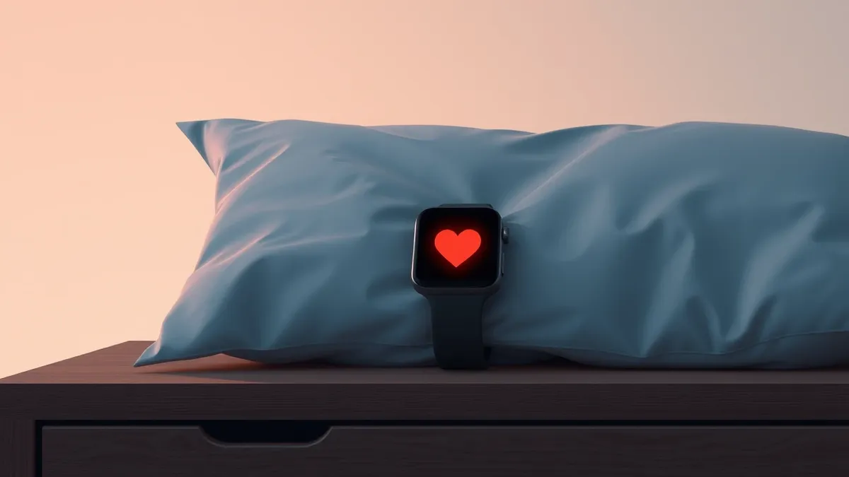 Illustration: A smartwatch rests on a wooden nightstand beside a crumpled pillow.