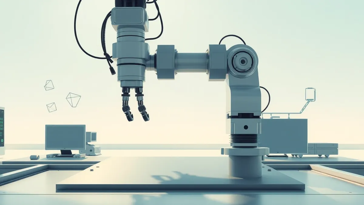 Illustration: A sleek robotic arm hovers over a blank metal sheet in a bright factory setting.
