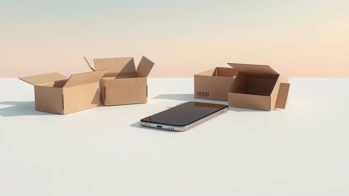 Illustration: A single sleek smartphone rests on a clean white surface, surrounded by several empty cardboard boxes with their flaps open.