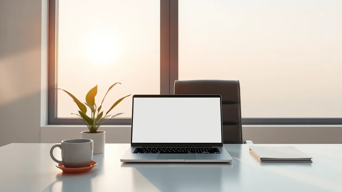 Illustration: A clean modern office desk holds a sleek silver laptop with a blank screen, positioned next to a potted plant and a ceramic mug.
