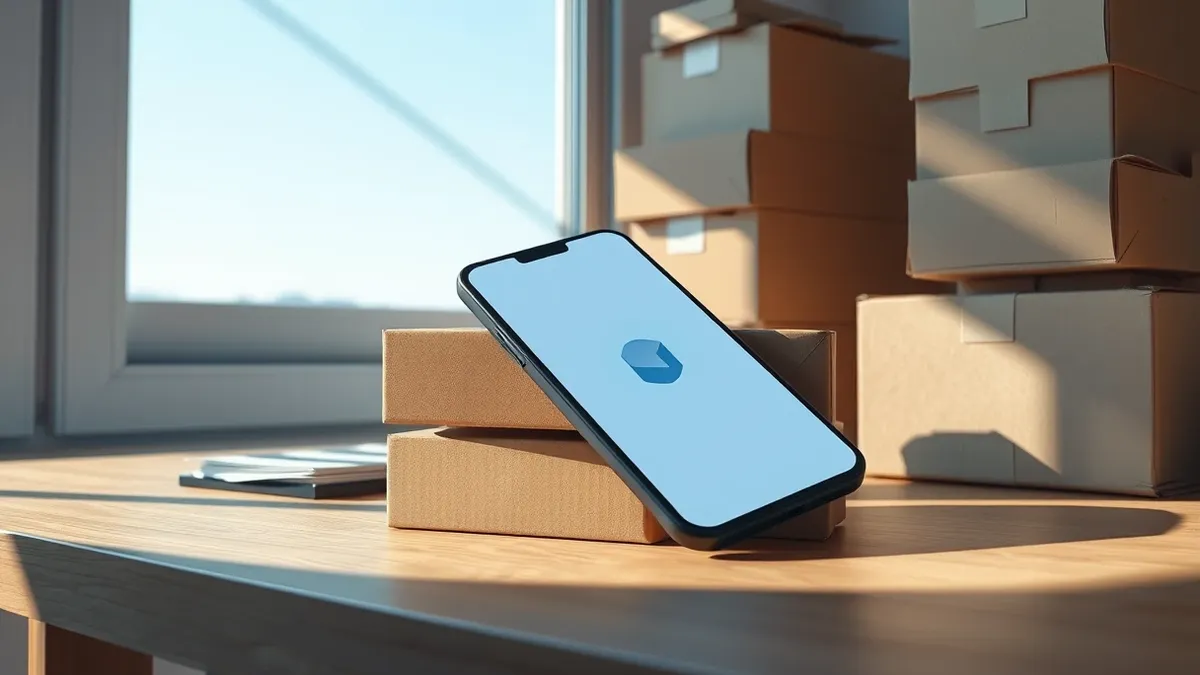 Illustration: A sleek smartphone rests on a cluttered wooden desk beside a stack of unopened cardboard boxes.