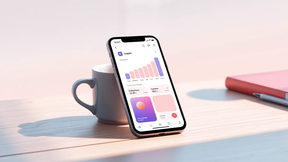 Illustration: A sleek smartphone rests on a wooden desk next to a coffee cup, displaying a clean interface with abstract chart shapes and color swatches that mimic a shop’s brandin