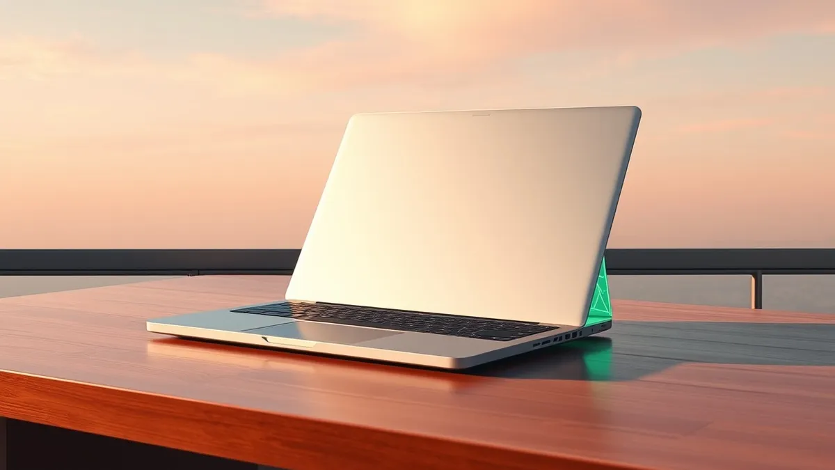 Illustration: A sleek silver laptop sits closed on a polished wooden desk.