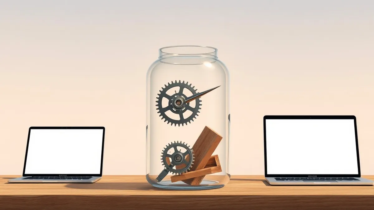 Illustration: A transparent glass jar sits on a wooden table, containing a tiny, complex metal gear mechanism.