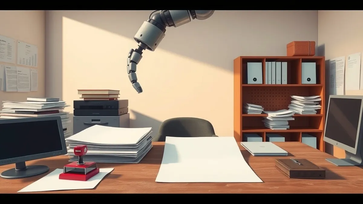 Illustration: A sleek robotic arm extends into a cluttered immigration office, hovering over a stack of blank white forms and an empty passport holder.
