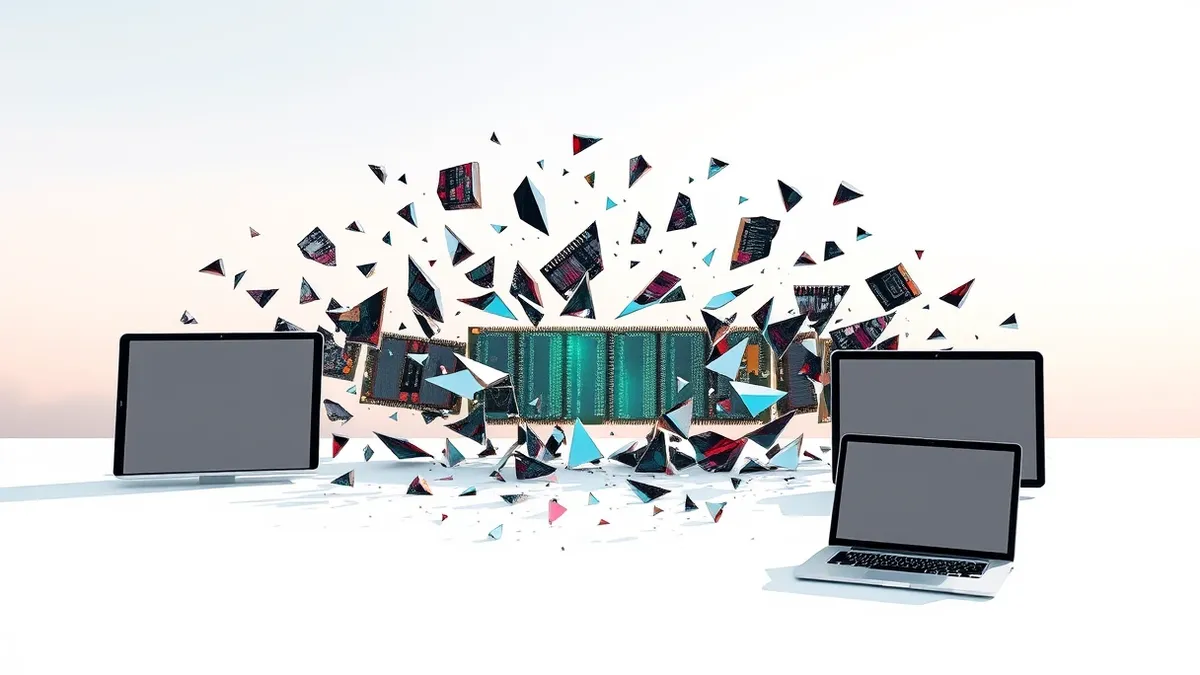 Illustration: A fragmented digital photograph shatters into jagged, pixelated shards on a pristine white surface.