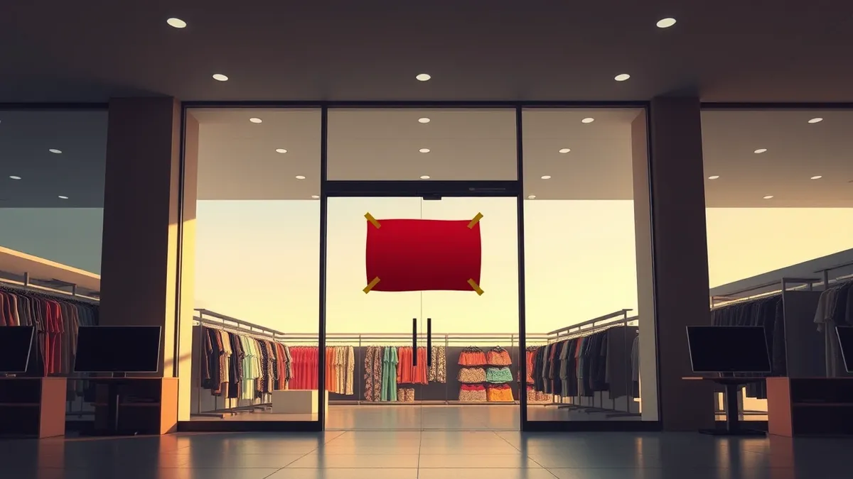 Illustration: A retail store entrance stands empty with a large red notice taped to the glass door.