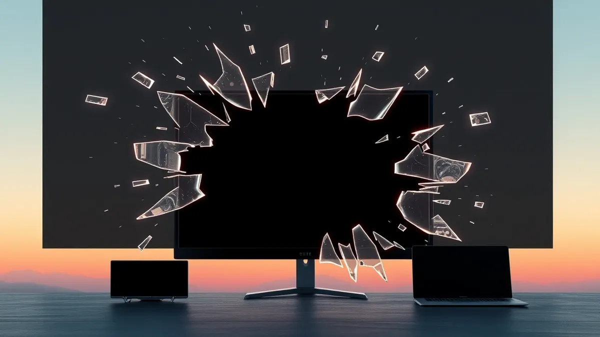Illustration: A fragmented digital video frame shatters into jagged, glowing shards that drift apart against a dark background.