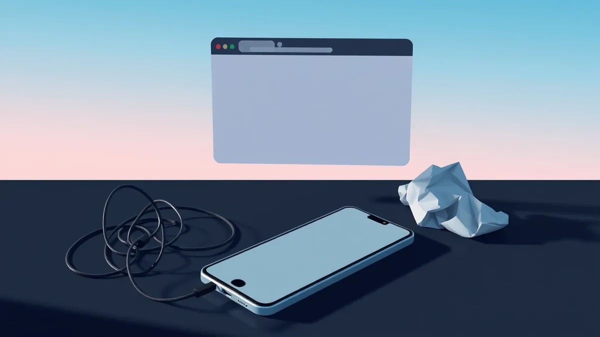 Illustration: A smartphone lies on a dark surface next to a tangled cable and a crumpled sticky note.