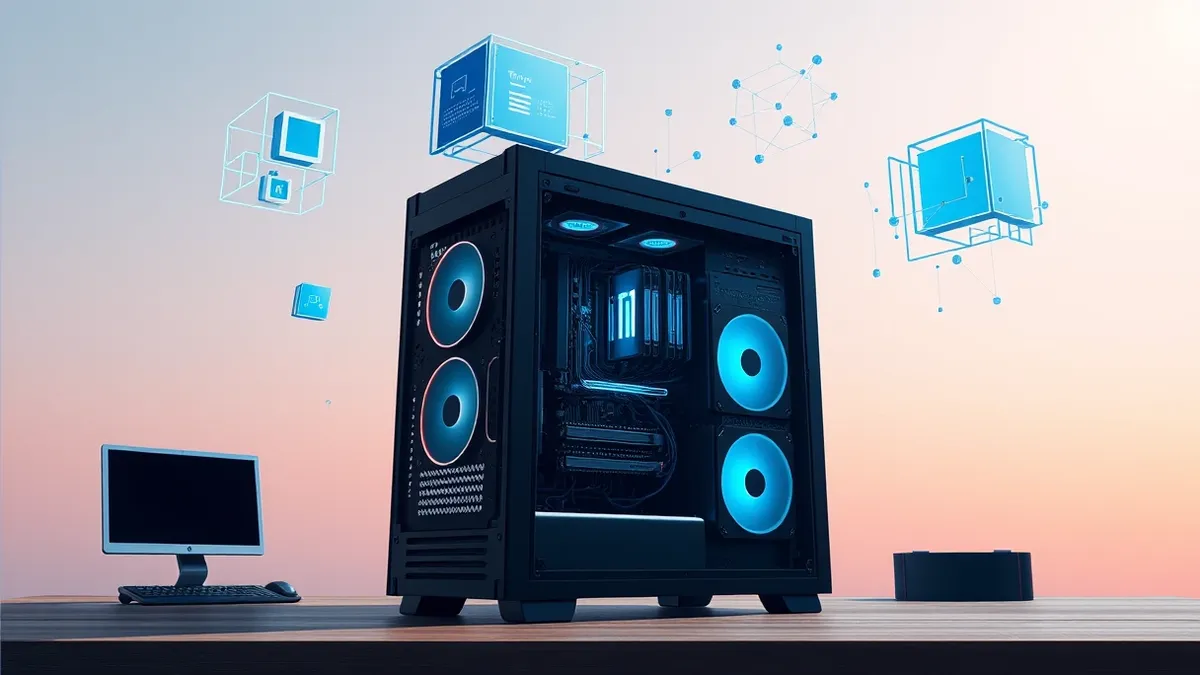 Illustration: A sleek black computer tower sits on a wooden desk, its side panel removed to reveal glowing circuit boards and intricate wiring.