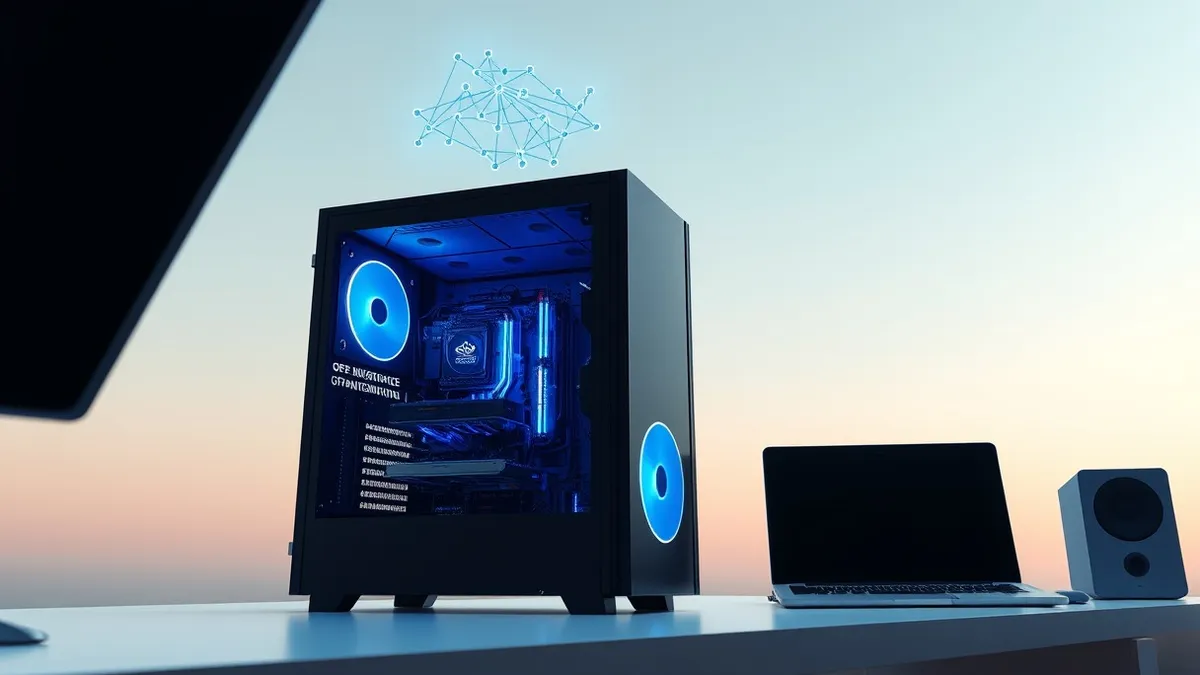 Illustration: A sleek, matte-black computer tower sits on a minimalist desk, its side panel removed to reveal intricate circuitry bathed in soft blue light.