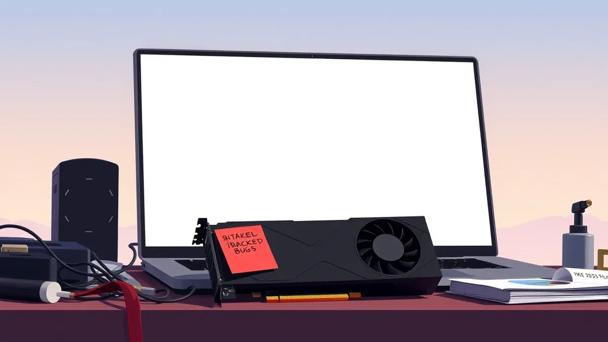 Illustration: A sleek black graphics card rests on a cluttered desk beside a laptop displaying a blank screen with abstract geometric shapes representing data points.