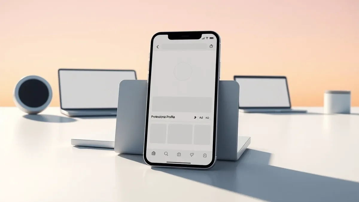 Illustration: A sleek smartphone rests on a clean desk, its screen displaying a blank professional profile interface with empty photo placeholders and uniform rectangular blocks re