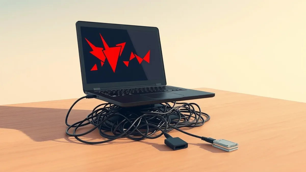Illustration: A sleek black laptop sits open on a wooden desk, its screen displaying jagged red geometric shapes that resemble corrupted data.