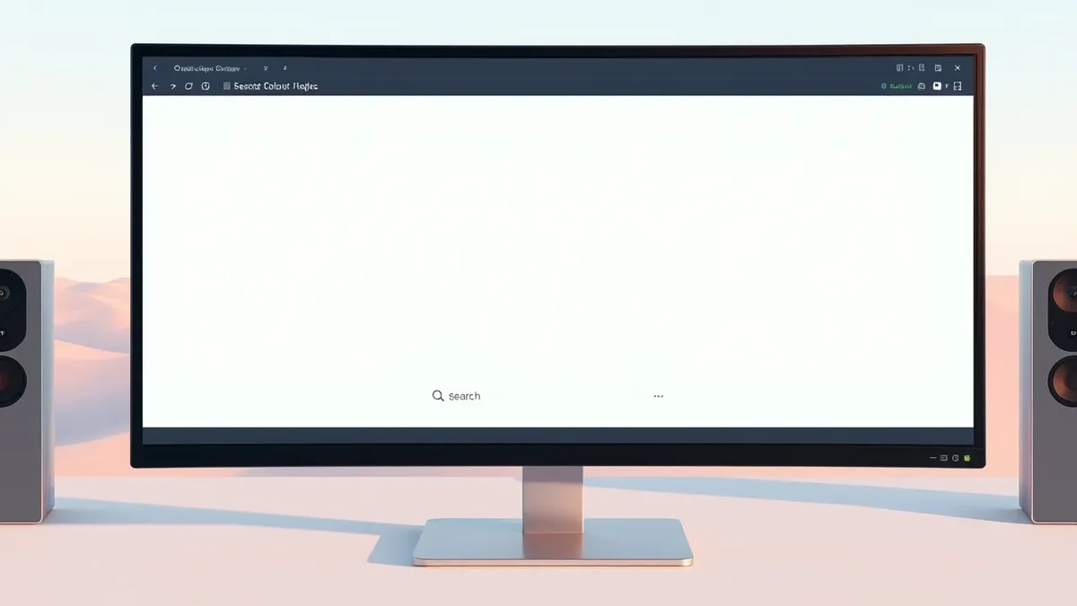 Illustration: A sleek desktop monitor displays a modern operating system interface with distinct, colorful rectangular tiles arranged in a grid.