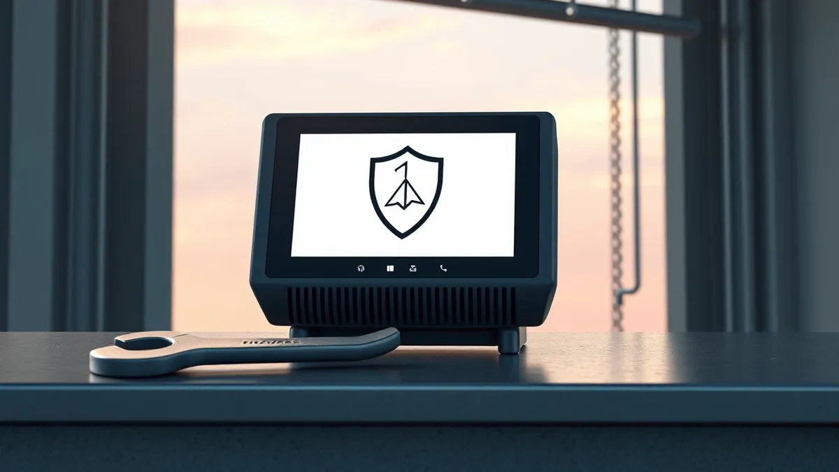 Illustration: A sleek, black thin client device rests on a metal industrial workbench beside a heavy wrench.