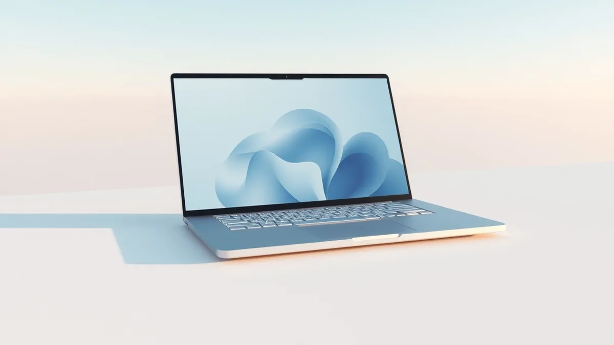 Illustration: A sleek, silver laptop rests on a clean white surface, its screen displaying soft, abstract geometric shapes in muted blue tones.