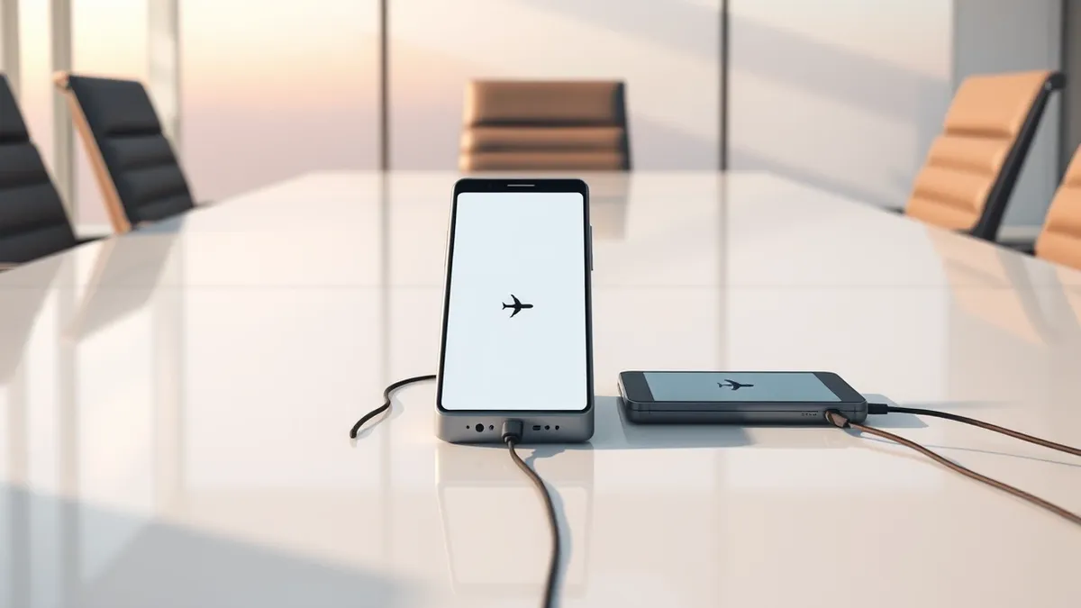Illustration: A sleek silver recording device rests on a polished conference table next to a blank smartphone displaying a single outgoing flight icon.
