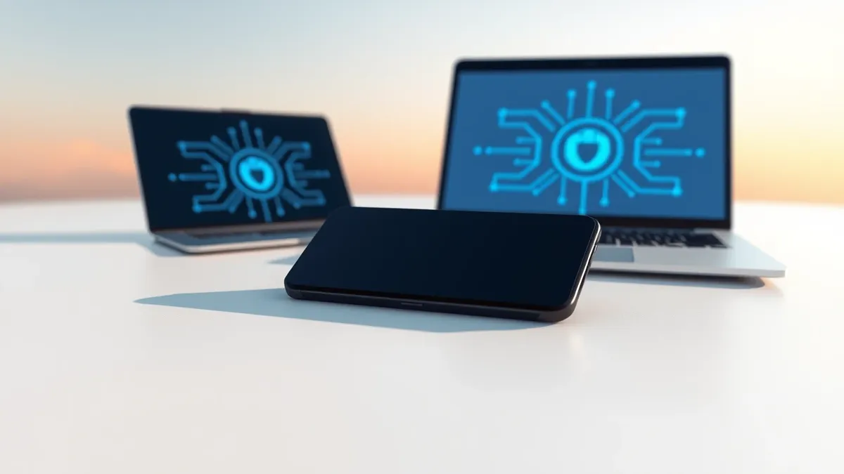 Illustration: A sleek black smartphone rests on a clean white desk beside a silver laptop.
